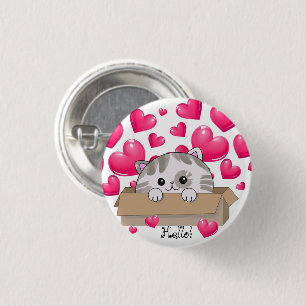 Badge Rond 2,50 Cm Cute chaton dans une boîte et les coeurs roses