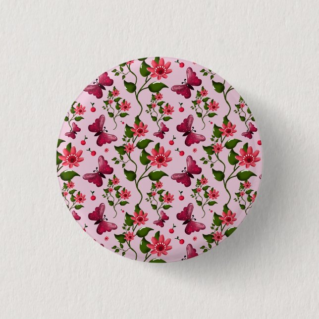 Badge Rond 2,50 Cm Cute Cherry Butterfly Pattern, Glossy Kawaii Fruit (Devant)