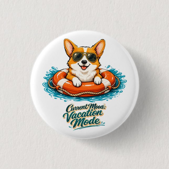 Badge Rond 2,50 Cm ​Cute Corgi Summer Vacation Mode Button (Devant)
