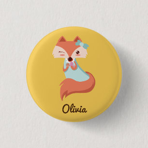 BADGE ROND 2,50 CM CUTE FOX AVEC BLUE BOW AJOUTER VOTRE NOM