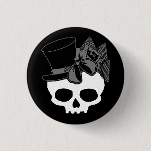 Badge Rond 2,50 Cm Cute Goth Crâne avec Rose de chapeau supérieur Bou