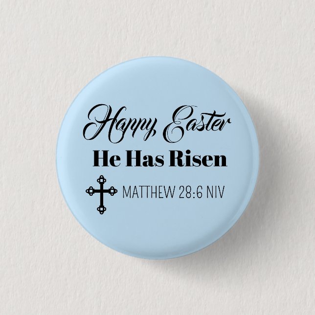 Badge Rond 2,50 Cm Cute Happy Easter He Has Risen Bible Verse Blue (Devant)