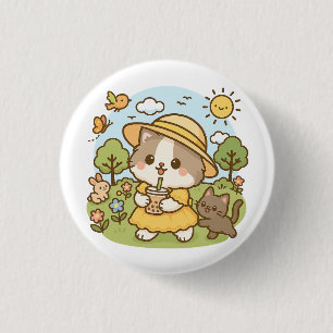 Badge Rond 2,50 Cm Cute Kawaii Chat Robe Jaune Boire Thé Bubble