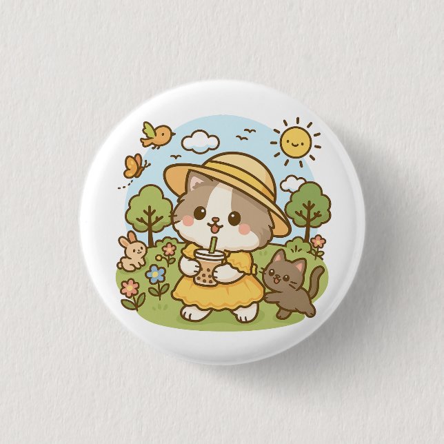 Badge Rond 2,50 Cm Cute Kawaii Chat Robe Jaune Boire Thé Bubble (Devant)
