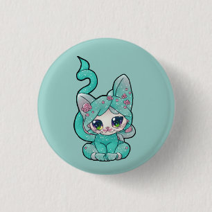 Badge Rond 2,50 Cm Cute Kawaii Turquoise Kitten
