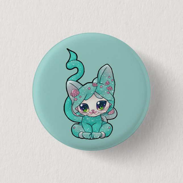 Badge Rond 2,50 Cm Cute Kawaii Turquoise Kitten (Devant)