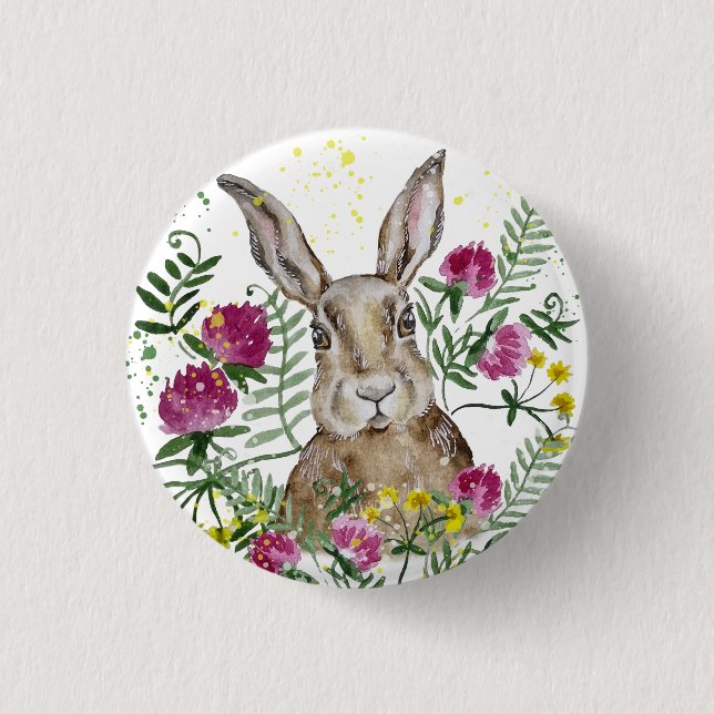 Badge Rond 2,50 Cm Cute lapin en fleurs d'aquarelle (Devant)