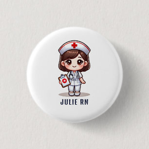 Badge Rond 2,50 Cm Cute Manga Brunette Nurse Caricature Personnalisée