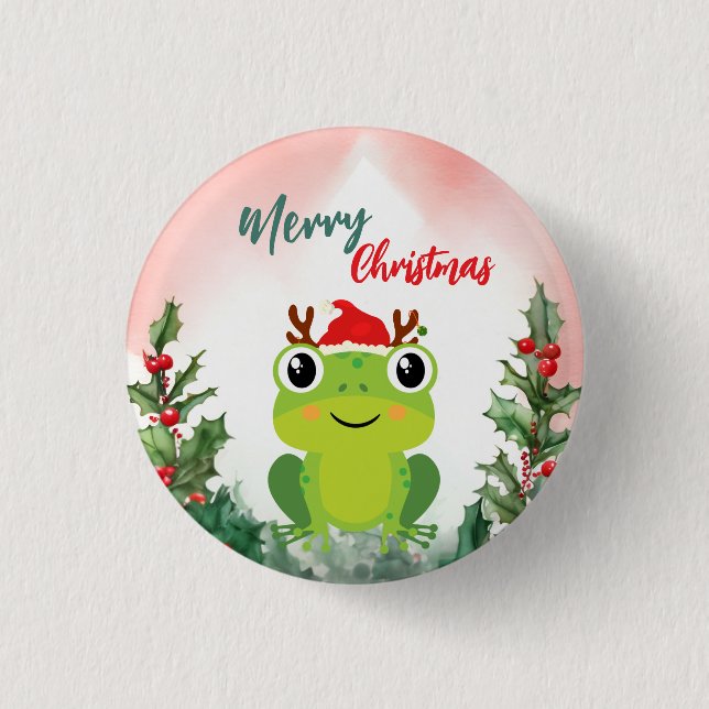 Badge Rond 2,50 Cm Cute Rouge Joyeux grenouille de Noël Père Noël fêt (Devant)