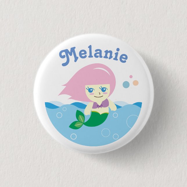 Badge Rond 2,50 Cm Cute sirène avec cheveux roses Personnalisé (Devant)