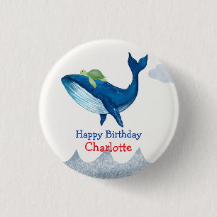 Badge Rond 2,50 Cm Cute tortue Baleine course océan Anniversaire fête