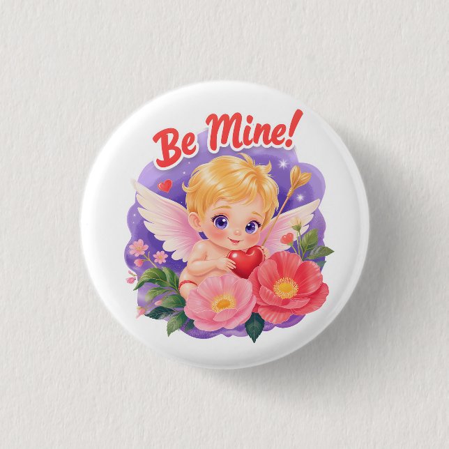 Badge Rond 2,50 Cm Cute Valentine's Day Cupid with "Be Mine" (Devant)