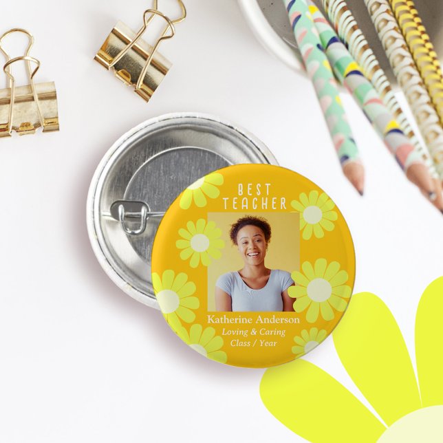 Badge Rond 2,50 Cm Daisy Best Teacher Photo Jaune Orange (Daisy Best Teacher Orange Yellow Button.)