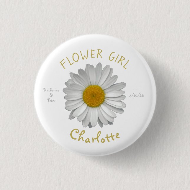 Badge Rond 2,50 Cm Daisy Flower Gold Name Flower Girl Button (Devant)