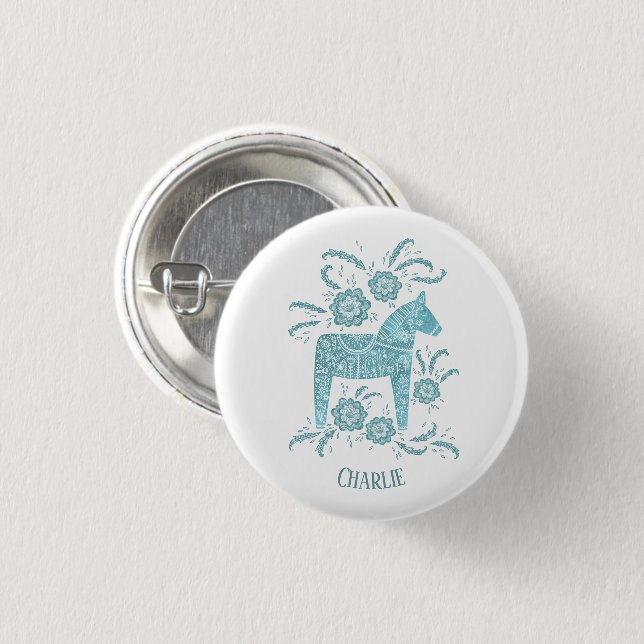 Badge Rond 2,50 Cm Dala Horse Turquoise Suédois Folk Art Personnalisé (Devant & derrière)