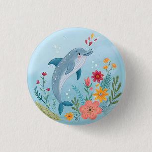 Badge Rond 2,50 Cm Dauphin aquarelle mignon & jardin de fleurs sauvag