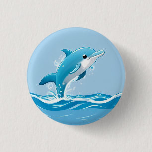 Badge Rond 2,50 Cm Dauphin Bleu Mignon Jouant Heureusement dans l'Eau