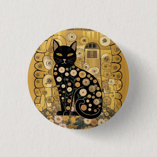 Badge Rond 2,50 Cm Décor doré Gustav Klimt Style Chat Noir Art