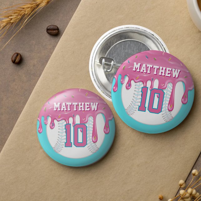 Badge Rond 2,50 Cm Dégoulinade de baseball rose et bleu (Pink and blue baseball drip badge)