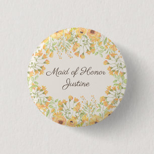 Badge Rond 2,50 Cm Demoiselle d'honneur Fleurs Jaune Pastel