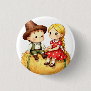Badge Rond 2,50 Cm Des enfants de la campagne sur une botte de foin