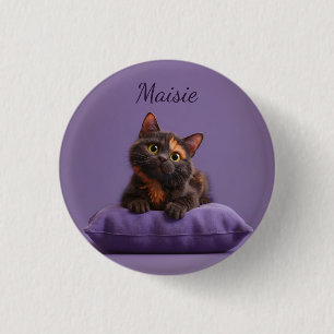 Badge Rond 2,50 Cm Dessin Tortoiseshell Kitten sur coussin pourpre