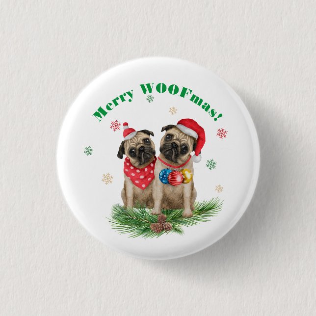 Badge Rond 2,50 Cm Deux chiens Carlins à Santa Hats - Joyeux WOOFmas! (Devant)