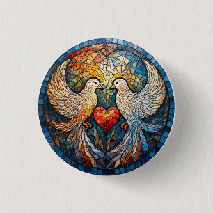 Badge Rond 2,50 Cm Deux colombes Élégant Vitrail