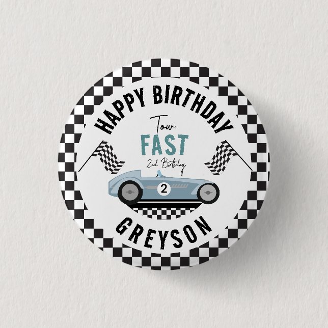 Badge Rond 2,50 Cm Deux Fast Race Car Boy 2e fête d'anniversaire (Devant)