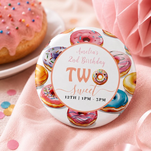 Badge Rond 2,50 Cm Deux gâteaux doux 2ème anniversaire (Two Sweet Donuts 2nd Birthday party Button)