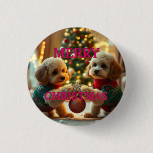 BADGE ROND 2,50 CM DEUX POODLES CÉLÉBRER NOËL