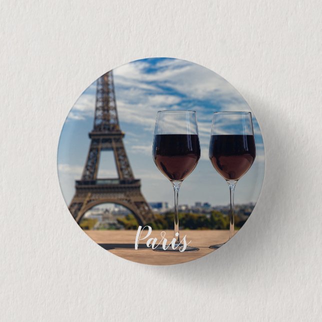 Badge Rond 2,50 Cm Deux verres de vin avec la tour Eiffel (Devant)