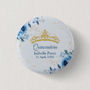 Badge Rond 2,50 Cm Diadème doré Quinceanera pailleté et floral bleu