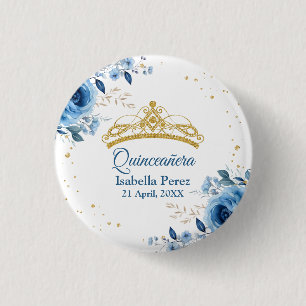 Badge Rond 2,50 Cm Diadème doré Quinceanera pailleté et floral bleu