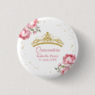 Badge Rond 2,50 Cm Diadème doré Quinceanera pailleté et floral rose