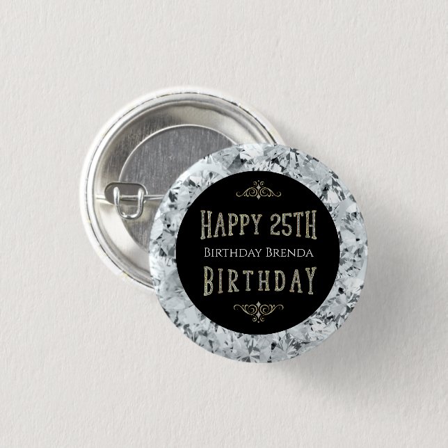 Badge Rond 2,50 Cm Diamants blancs Joyeux texte de 25e anniversaire (Devant & derrière)