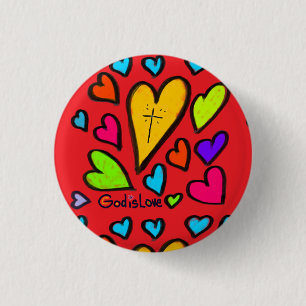 Badge Rond 2,50 Cm Dieu est Amour avec coeurs chrétien
