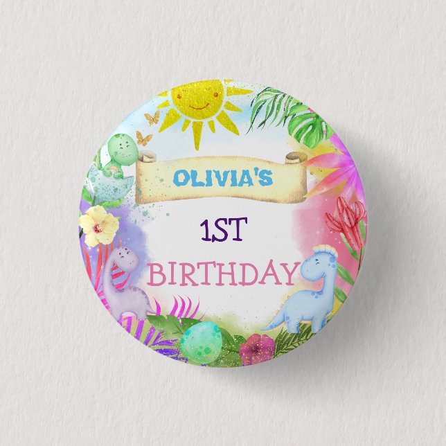 Badge Rond 2,50 Cm Dinosaures mignonnes Parties scintillant florale B (Devant)