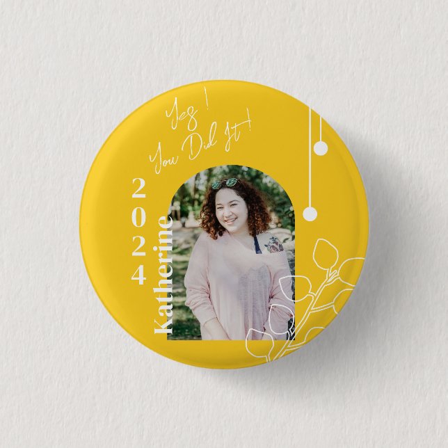 Badge Rond 2,50 Cm Diplômé Simple Feuillage Photo Moutarde (Devant)