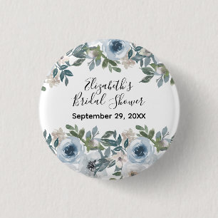 Badge Rond 2,50 Cm Douce Mariée Fleurs Aquarelle Bleu Blanc