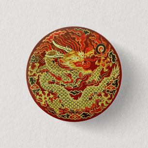Badge Rond 2,50 Cm Dragon asiatique doré brodé sur rouge foncé