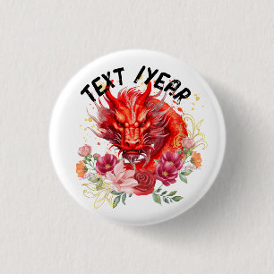 Badge Rond 2,50 Cm Dragon Rouge Chinois, Fleurs Imaginaires Créature