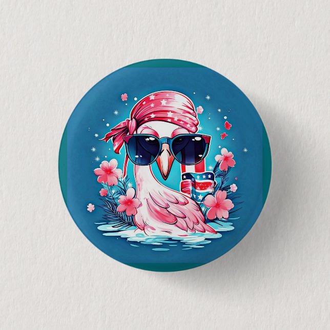 Badge Rond 2,50 Cm Drapeau américain avec Flamant rose Cartoon-69681 (Devant)