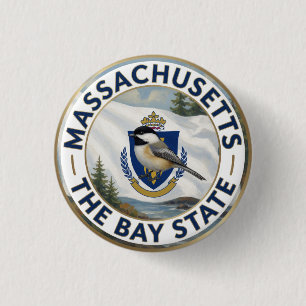 Badge Rond 2,50 Cm 🌊 Drapeau du Massachusetts et Mésange à tête noir