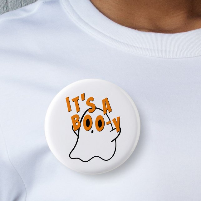 Badge Rond 2,50 Cm Drôle Halloween C'est un garçon fantôme Bébé Genre (it's a boy ghost Halloween baby shower gender reveal white button pin)