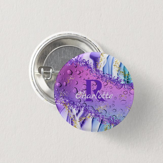 Badge Rond 2,50 Cm Droplets d'eau violette | Ombre bleu et blanc (Devant & derrière)