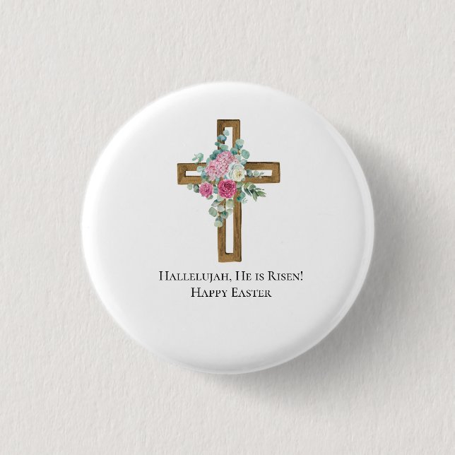 Badge Rond 2,50 Cm Easter Religious He is Risen Wood Cross Floral   (Devant)