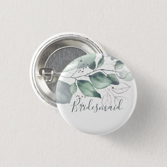 BADGE ROND 2,50 CM EAU DE COULEUR VERTE EUCALYPTUS BRIDESMAID (Devant & derrière)