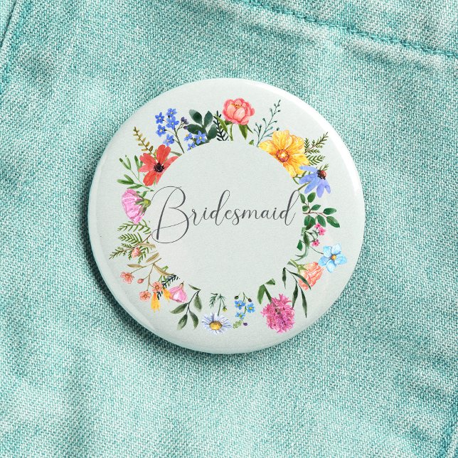 Badge Rond 2,50 Cm Écriture Demoiselle d'Honneur Fleur de Mariage  (Bridesmaid  Wildflower Watercolor Floral Wreath Wedding Button
)
