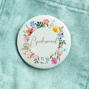 Badge Rond 2,50 Cm Écriture Demoiselle d'Honneur Fleurs Sauvages Mari